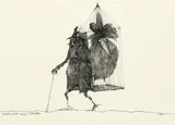 Paul Flora, Tiroler, seinen Vogel tragend, India ink on paper; framed