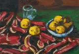 Karl Stark, Still life with water jug and apples, 1984, oil on hardboard; framed