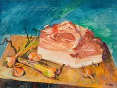 Ernst Huber, Still life with meat and onions, oil on canvas; framed