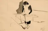 Kurt Absolon, Adele ironing, 1958, India ink, washed on paper; framed
