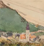Hans Strohofer, View of Kahlenbergerdorf and the Danube, 1904, watercolour on paper; framed