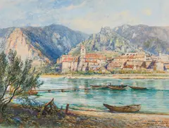 Friedrich Frank, View of Dürnstein by the Danube, watercolour on paper; framed