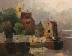 Canal in Amsterdam by Rudolf Weber, oil on canvas; framed, sold Apr 2023