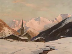 Winter in Berwang, Tirol by Erwin Kettemann, oil on canvas; framed, sold Apr 2023