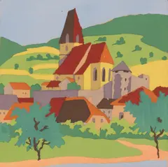 Robert A. Saurwein, Weißenkirchen in der Wachau, mixed media on paper; framed