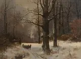 Alois Arnegger, Horse-drawn carriage in the winter forest, oil on canvas; framed