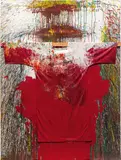 Hermann Nitsch, Springbrunnenbild" with painter's shirt, 2014, "Springbrunnenbild" with painter's shirt, acrylic on canvas and wooden construction