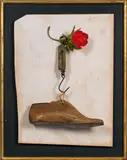 Daniel Spoerri, Untitled, 1984, artificial flower, suitcase scale, shoemaker's model on multiplex board; framed