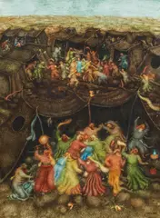 Arik Brauer, Kol rina weyeschua" (from the cycle: Haggada), 1978, gouache on acrylic on paper; framed