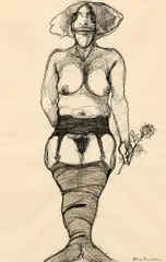 Adolf Frohner, Mermaid, India ink on paper; framed