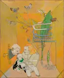 Peter Sengl, Spinatfeind bei Atrappeneltern und gefesselten Insekten, 1972, mixed media on hardboard; framed