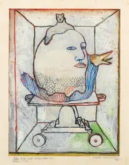 Schaukel auf Offsetdruck by Peter Sengl, 1973, mixed media on paper; framed, sold Apr 2023