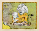 Peter Sengl, Faschingspapageis Schnabelverlängerungen, 1973, mixed media on cardboard; framed