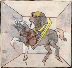 Reiterstatue für einen Dackel by Peter Sengl, 1974, mixed media on paper; framed, sold Apr 2023