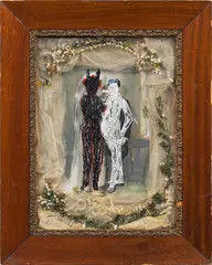 Tone Fink, Bridal couple, 1985, various materials, in glazed wooden box; framed