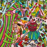 Alf Poier, Der dadaistische Teufel attackiert mit seiner Zebrasalami den zweiköpfigen rot-grünen Drachen, um das gefesselte Kunstmädchen aus seinen Fängen zu befreien" (from the stage programme: Humor im Hemd), 2017, acrylic on canvas; framed