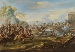 Francesco Simonini, Equestrian battle at the river, oil on copper