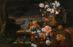 Abraham Brueghel, Still life of flowers and fruit in an Italian landscape, 1670, oil on canvas