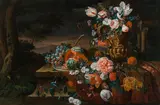 Abraham Brueghel, Still life of flowers and fruit in an Italian landscape, 1670, oil on canvas