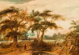 Mattheus Molanus, Forest landscape with farmhouse and view of a town, oil on panel