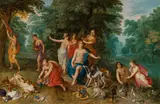 Jan Brueghel the Younger, Diana and her nymphs after the hunt, c. 1630, oil on panel; parqueted