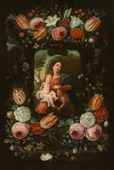 Flower cartouche around Mary with Jesus and John by Jan van Kessel the Elder, oil on panel; parqueted, offered Dec 2022