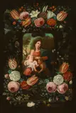 Jan van Kessel the Elder, Flower cartouche around Mary with Jesus and John, oil on panel; parqueted