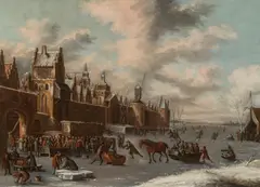 Thomas Heeremans, Amusement on the ice in front of a city, oil on canvas
