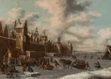 Thomas Heeremans, Amusement on the ice in front of a city, oil on canvas