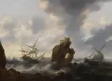 Jacob Adriaensz Bellevois, Coastal landscape with ships on a rough sea, oil on panel