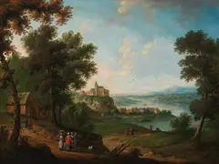 Jan Peeter van Bredael, Landscape with a view of a town on a watercourse, oil on canvas