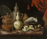 Pieter Gerritsz van Roestraten, Still life with porcelain, silver and cockatoo, oil on canvas
