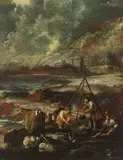 Alessandro Magnasco, Landscape with figures and campfire, oil on canvas; unframed