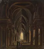 Ferdinando Galli da Bibiena, Interior of a gothic church with figural staffage, oil on panel