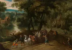 Jan Wildens, Wooded landscape with an ambush in front of a village, oil on canvas