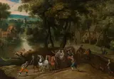 Jan Wildens, Wooded landscape with an ambush in front of a village, oil on canvas
