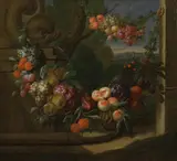 Jan Pauwel Gillemans the Elder, Still life of fruits by a fountain, oil on canvas