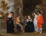 Elegant company playing music on a terrace by Christoffel Jacobsz van der Laemen, oil on panel; parqueted, sold Dec 2022
