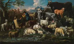 called Rosa Da Tivoli Philipp Peter Roos, Landscape with shepherds, cows, sheep and goats, oil on canvas