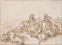 Francesco Simonini, Equestrian battle, c. 1730, brown pen; wash