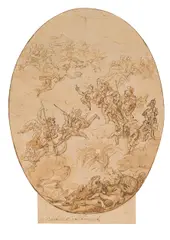 Apotheosis of Hercules (design for a ceiling painting) by Martino Altomonte, c. 1709/10, brown pen, wash, sold Dec 2022