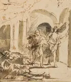 Mattia Preti, Male figure with an angel, brown pen; wash