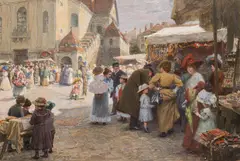 Wilhelm Gause, The Lent Market at the Calvary Church in Vienna-Hernals, 1913, mixed media on paper on cardboard