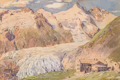 Gustav Jahn, Großglockner with the Pasterze and Kaiser-Franz-Josef-House, watercolour on paper