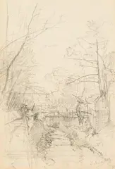 Motif from Goisern, verso: Landscape with large tree (studies) by Emil Jakob Schindler, c. 1880, pencil on paper, sold Dec 2022