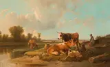 Edmund Mahlknecht, Shepherd with grazing flock, oil on canvas