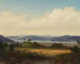 Caroline von Moro, View of the church of Stein bei Viktring and lake Wörthersee, oil on canvas
