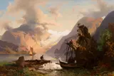 Hermann Ottomar Herzog, Alpine lake with fishermen