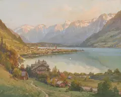 Georg Janny, Zell am See with a view of the Steinerne Meer, watercolour and opaque white on paper