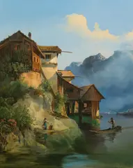 Carl Geyling, At lake Hallstatt, oil on canvas